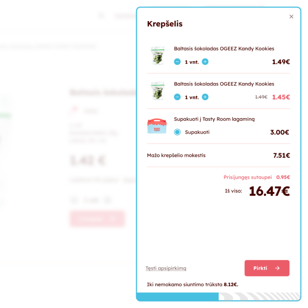 Cart modal window viewed on a desktop device