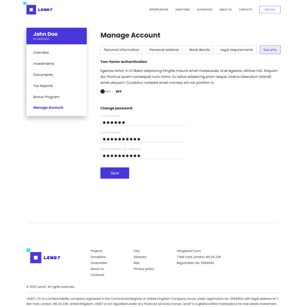 Lend7 user dashboard screenshot of account security section